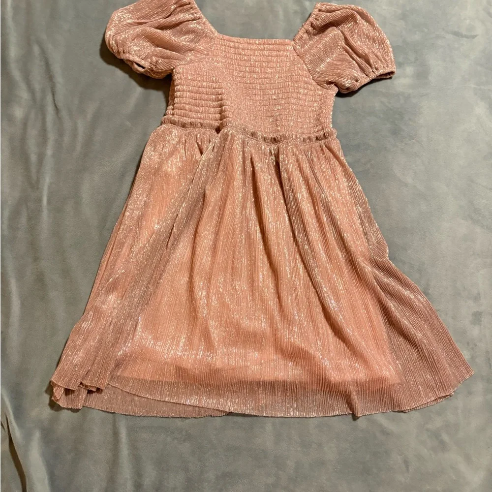 Crewcuts (J Crew) Shimmer Puff Sleeve Smocked Dress Pink Metallic